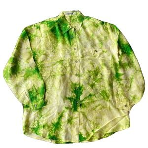Tie Dye Green Long Sleeve Button Up Shirt Sz Med 100% Silk Shoulder Pads Pockets